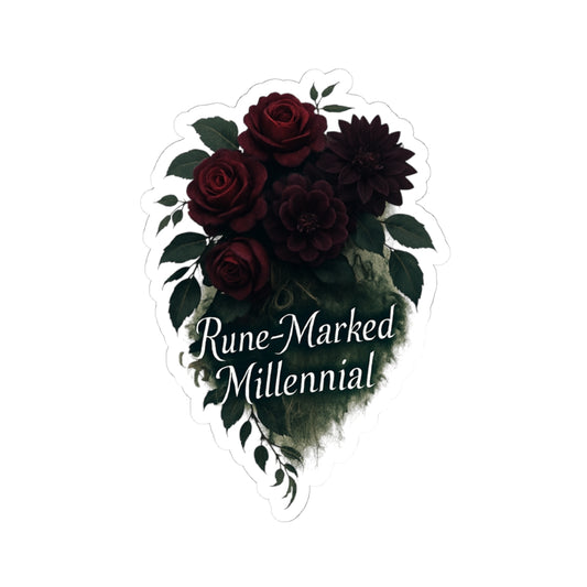 Rune-Marked Millennial Floral Sticker — Dark Rose Kiss-Cut Laptop Decal