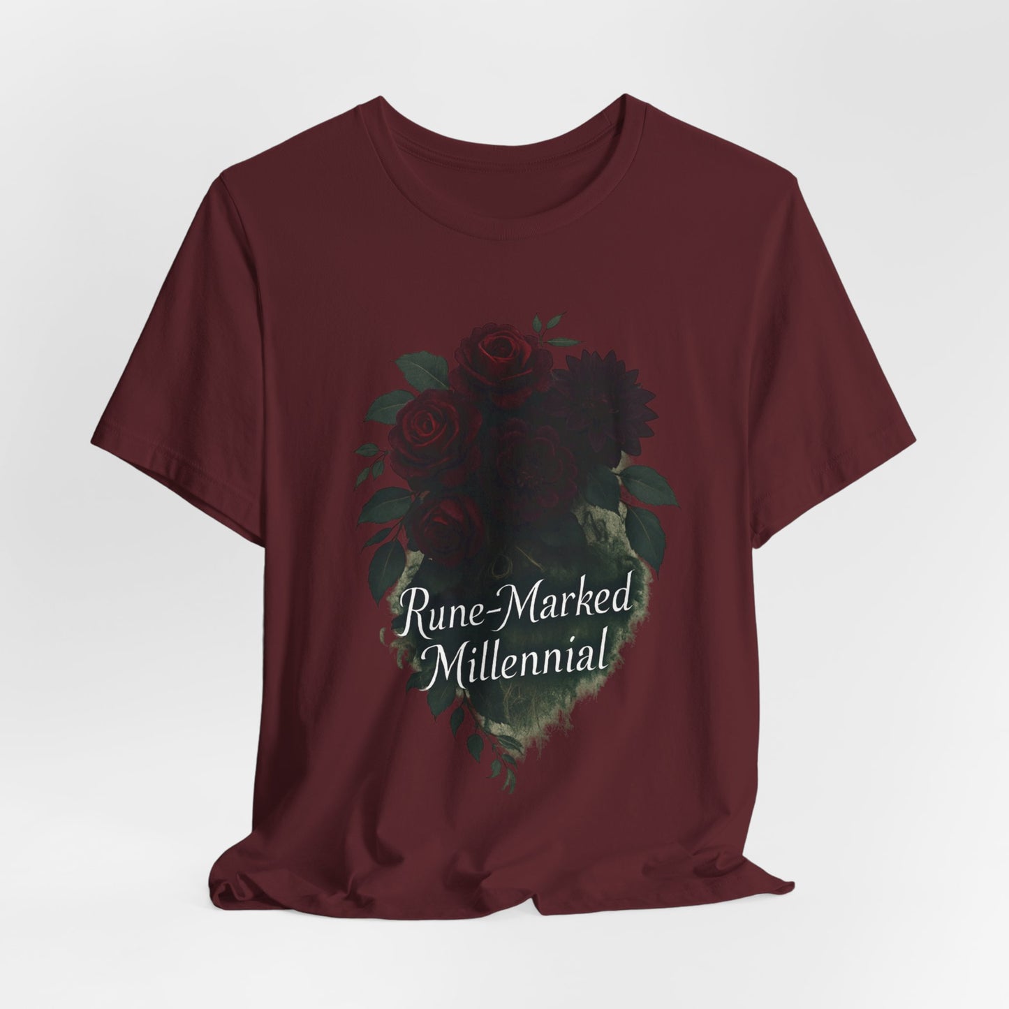 Rune-Marked Millennial Tee — Dark Floral Heart Graphic T‑Shirt