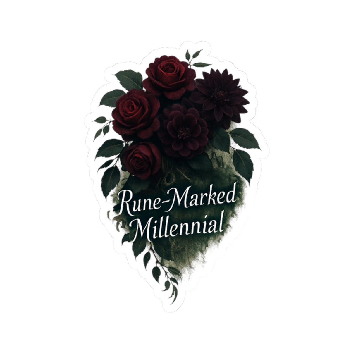 Rune-Marked Millennial Floral Sticker — Dark Rose Kiss-Cut Laptop Decal