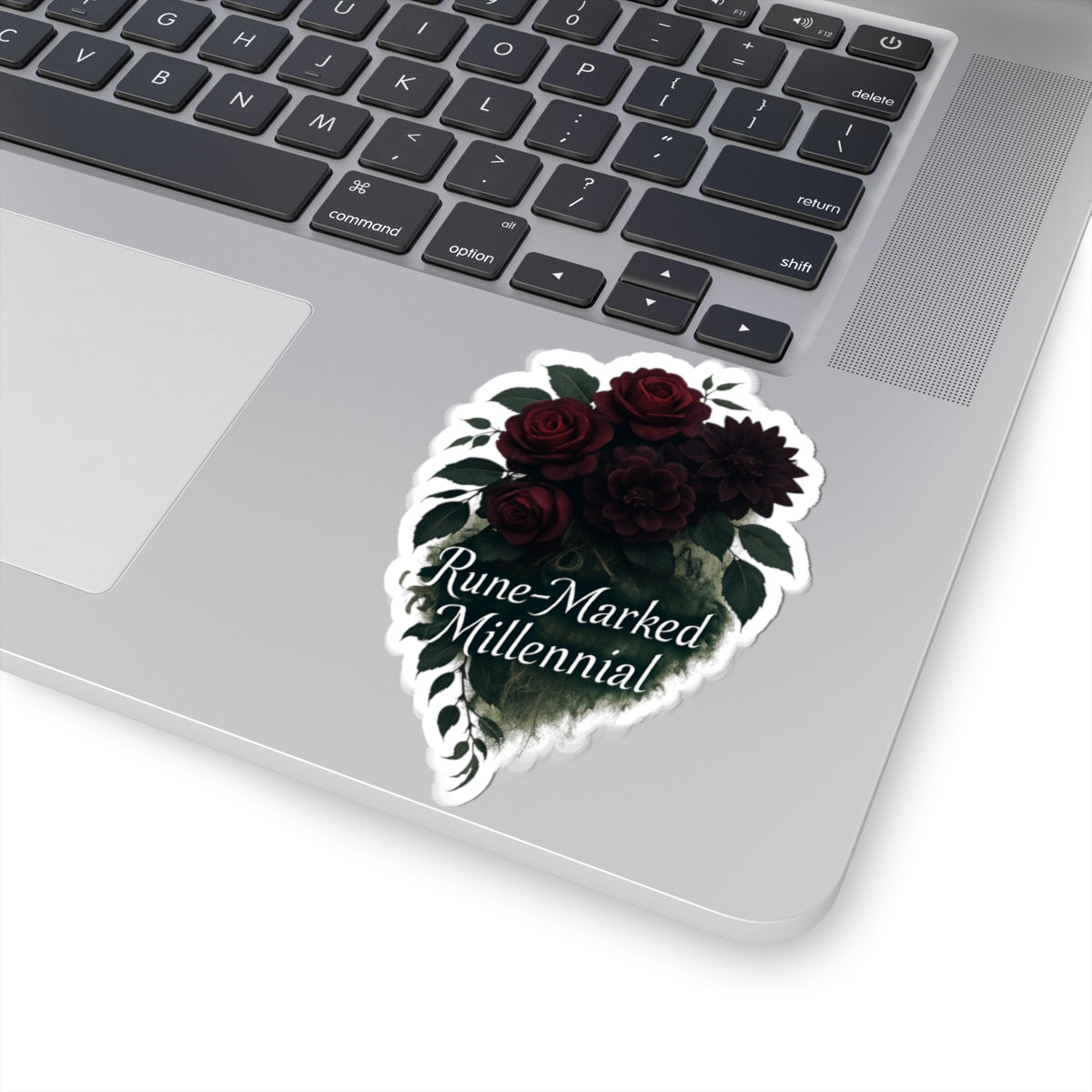 Rune-Marked Millennial Floral Sticker — Dark Rose Kiss-Cut Laptop Decal