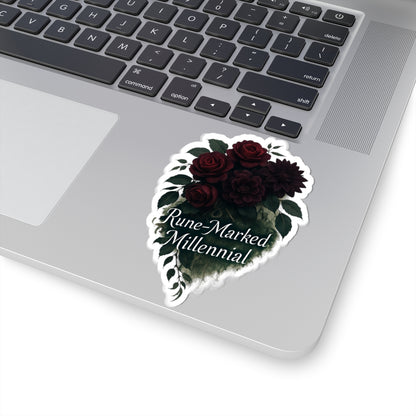 Rune-Marked Millennial Floral Sticker — Dark Rose Kiss-Cut Laptop Decal