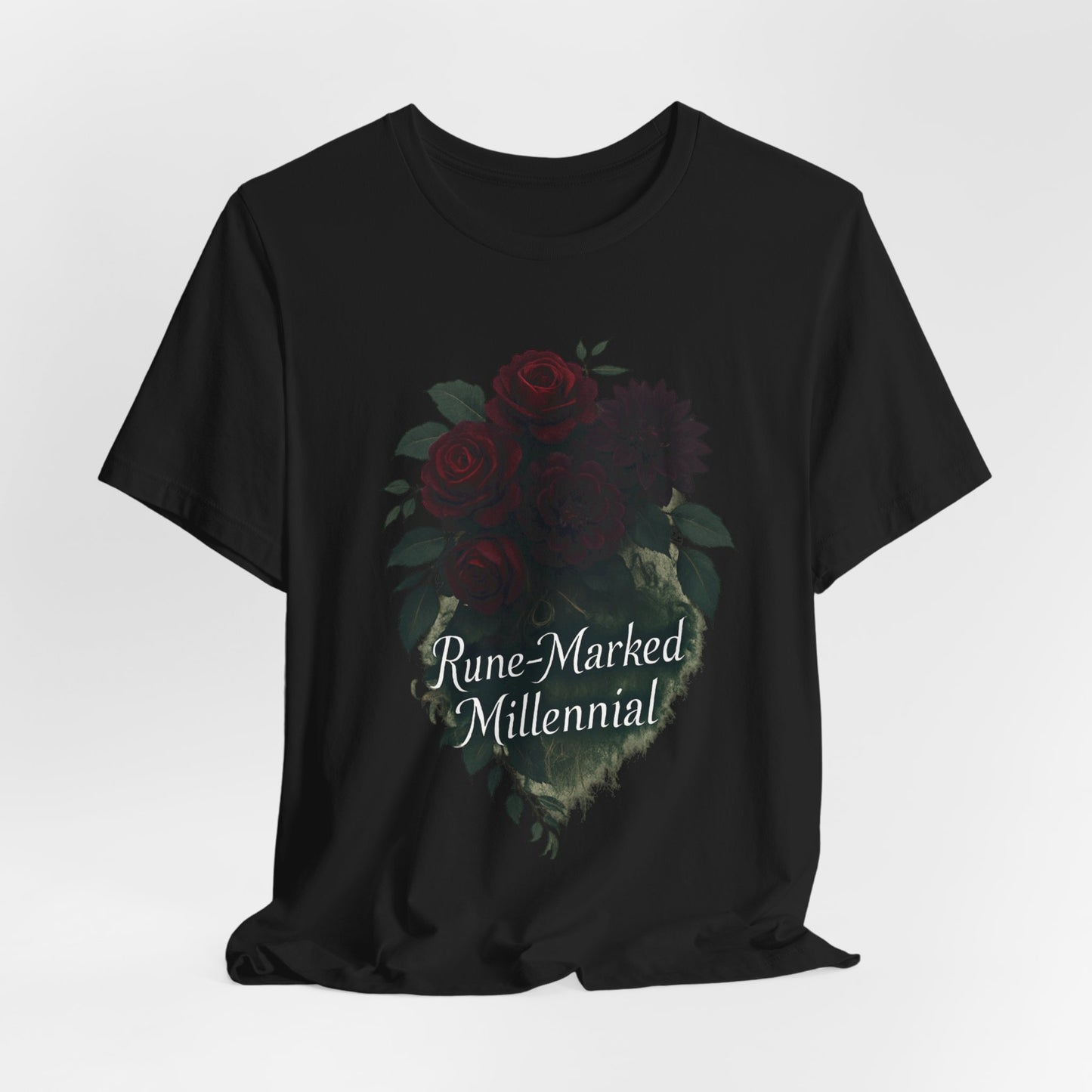 Rune-Marked Millennial Tee — Dark Floral Heart Graphic T‑Shirt