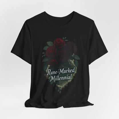 Rune-Marked Millennial Tee — Dark Floral Heart Graphic T‑Shirt