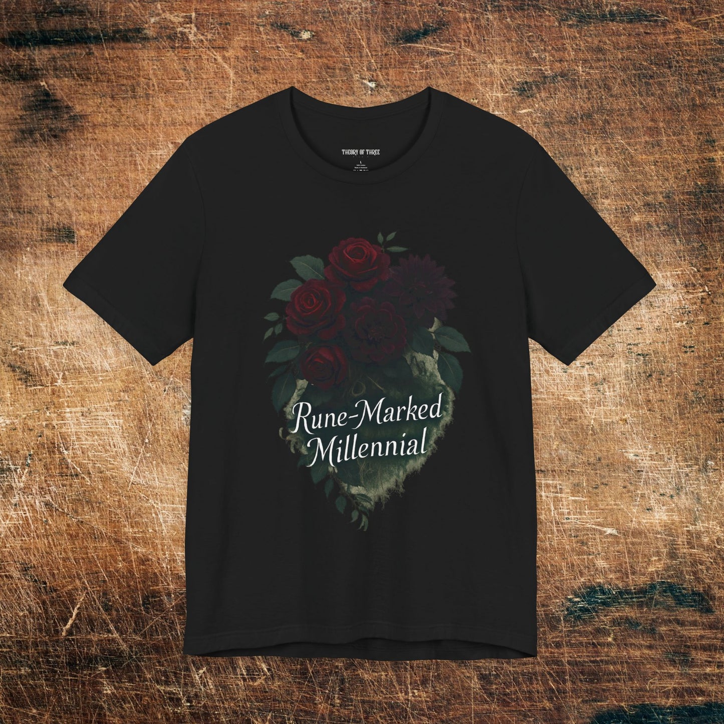 Rune-Marked Millennial Tee — Dark Floral Heart Graphic T‑Shirt