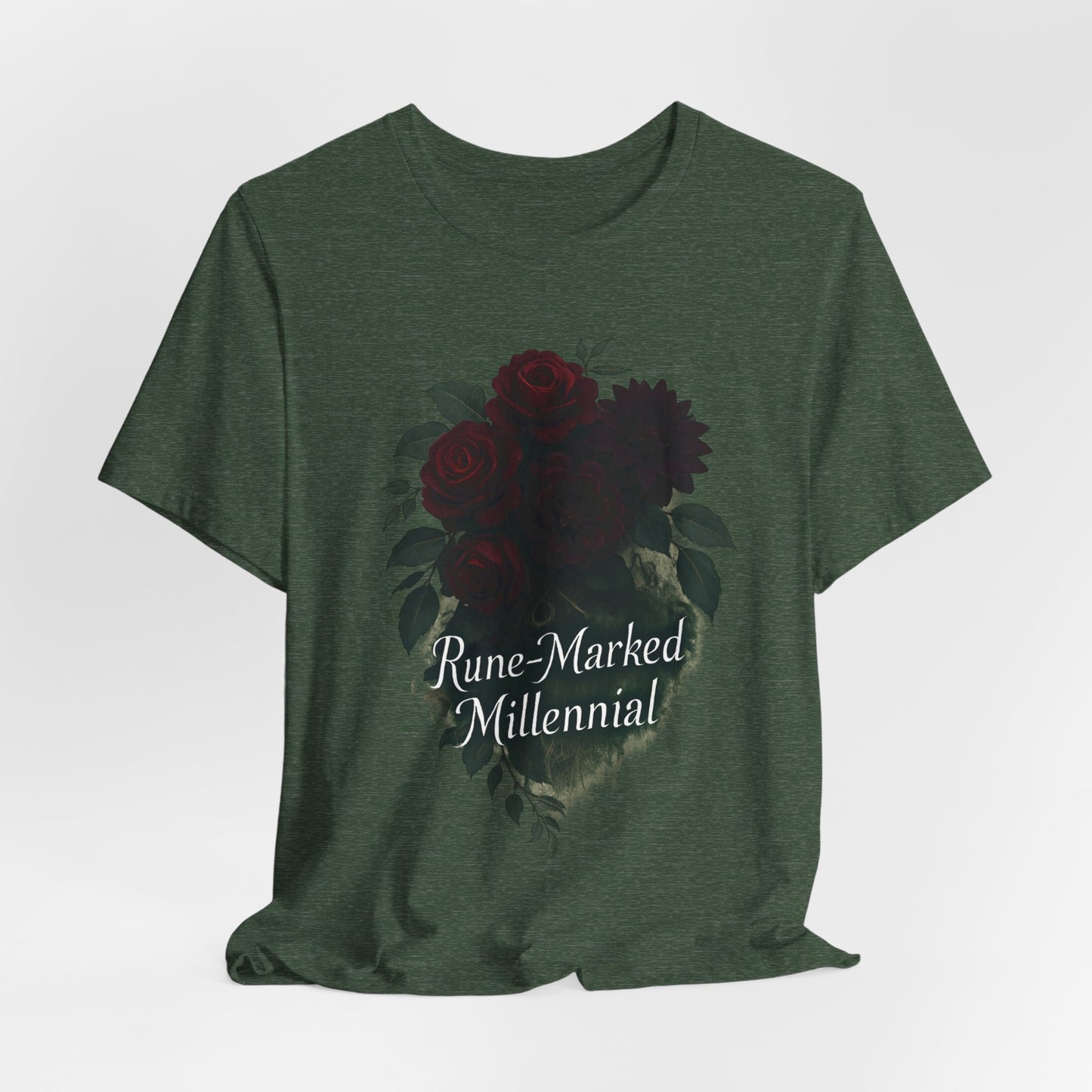 Rune-Marked Millennial Tee — Dark Floral Heart Graphic T‑Shirt