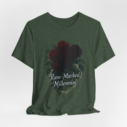 Rune-Marked Millennial Tee — Dark Floral Heart Graphic T‑Shirt