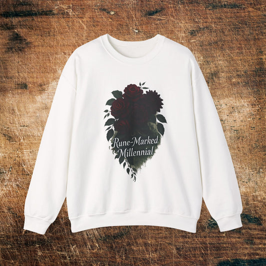 Floral Heart 'Rune-Marked Millennial' Graphic -Crewneck Sweatshirt