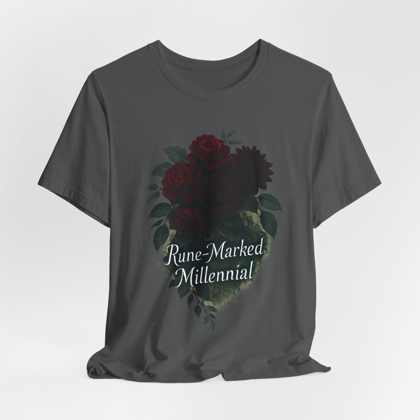Rune-Marked Millennial Tee — Dark Floral Heart Graphic T‑Shirt