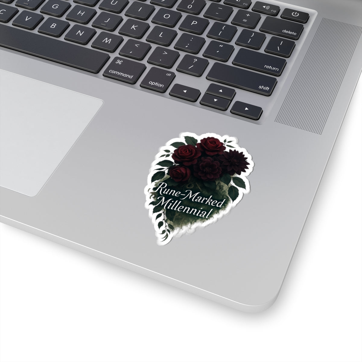 Rune-Marked Millennial Floral Sticker — Dark Rose Kiss-Cut Laptop Decal