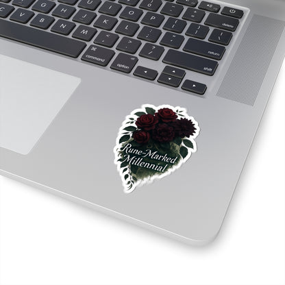Rune-Marked Millennial Floral Sticker — Dark Rose Kiss-Cut Laptop Decal