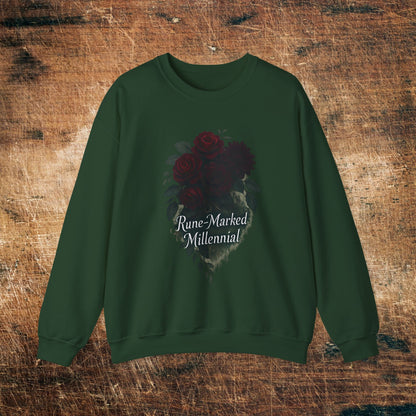 Floral Heart 'Rune-Marked Millennial' Graphic -Crewneck Sweatshirt